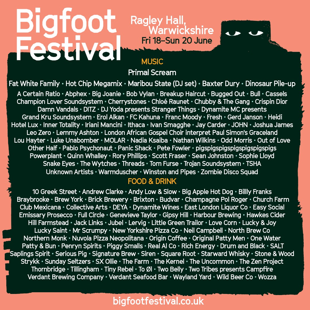Bigfoot Festival campaign poster for the festival as it actually ran, 18-20 June 2021, headlined by Primal Scream.