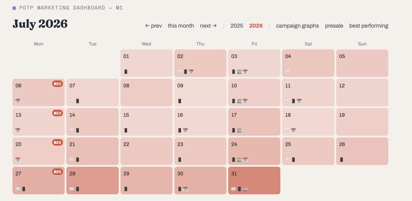 Marketing dashboard calendar for July 2026, showing email, social, press and event activity day by day